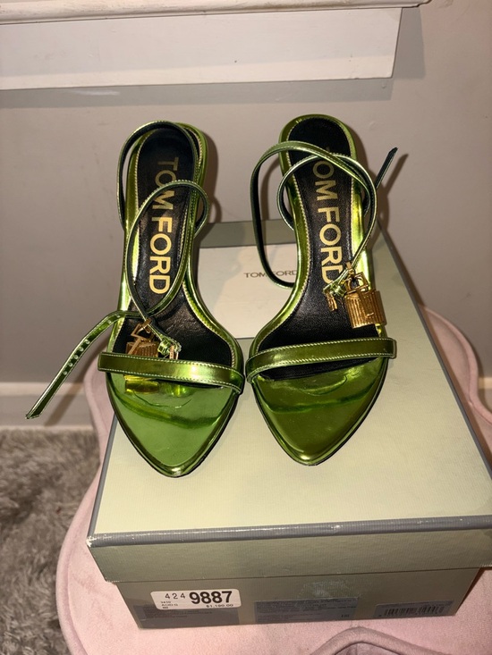 Tom Ford Shoes - Tom Ford Metallic Acid Green Strappy Pointed-Toe Heels